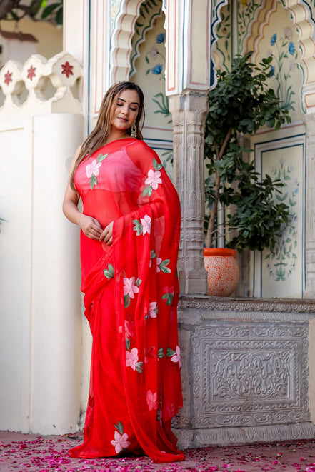 Raktima Red Chiffon Hand-Painted Saree – Floral Charm in Ethereal Drape