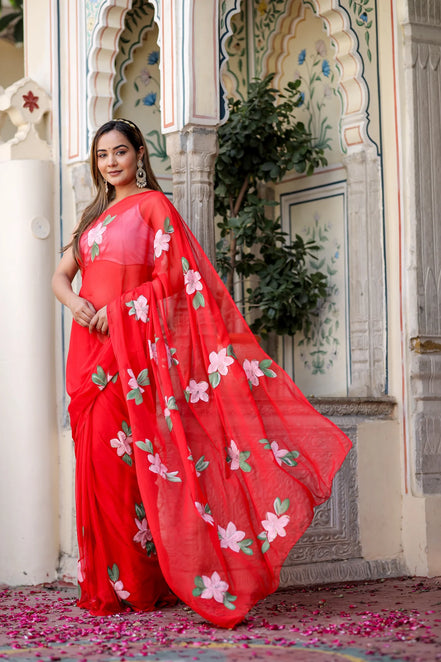 Raktima Red Chiffon Hand-Painted Saree – Floral Charm in Ethereal Drape