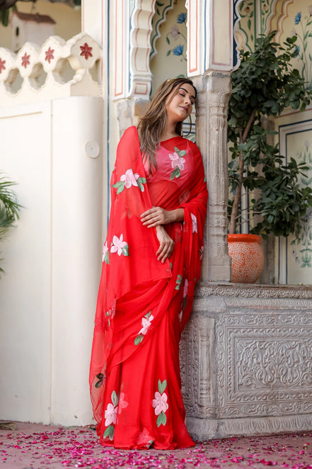 Raktima Red Chiffon Hand-Painted Saree – Floral Charm in Ethereal Drape