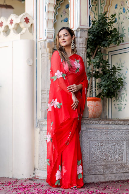 Raktima Red Chiffon Hand-Painted Saree – Floral Charm in Ethereal Drape