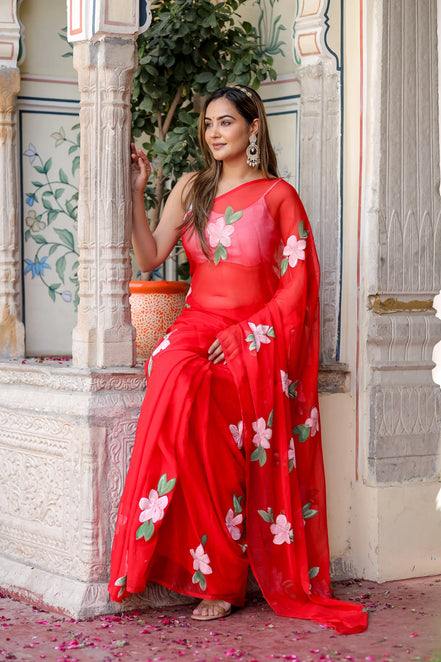 Raktima Red Chiffon Hand-Painted Saree – Floral Charm in Ethereal Drape