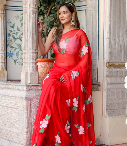 Raktima Red Chiffon Hand-Painted Saree – Floral Charm in Ethereal Drape