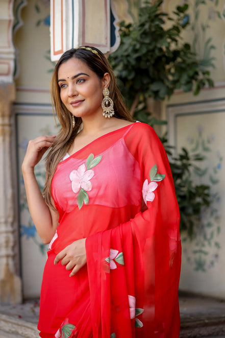Raktima Red Chiffon Hand-Painted Saree – Floral Charm in Ethereal Drape