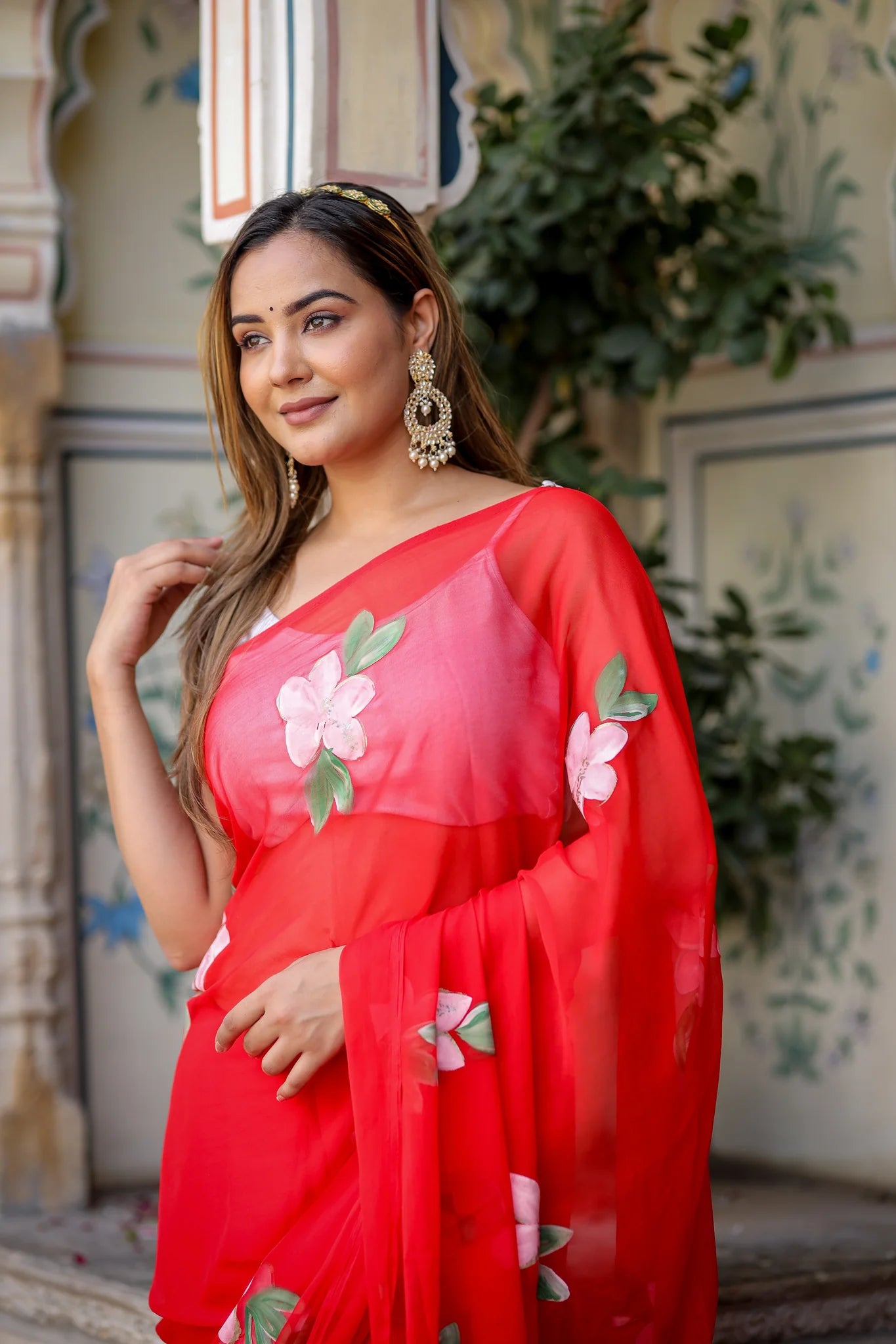 Raktima Red Chiffon Hand-Painted Saree – Floral Charm in Ethereal Drape