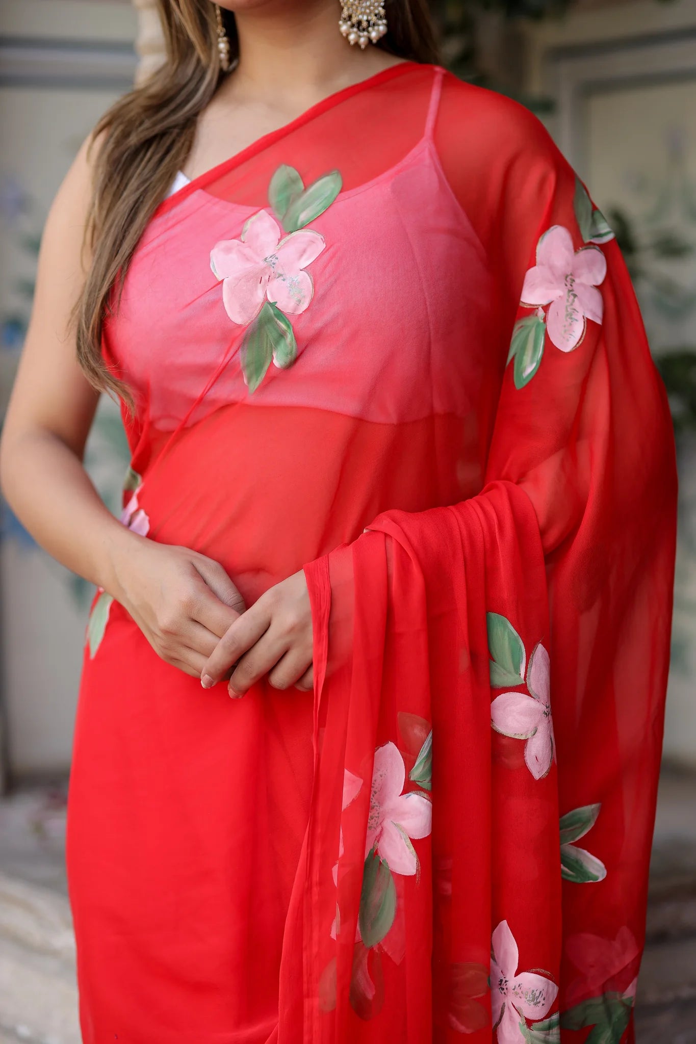 Raktima Red Chiffon Hand-Painted Saree – Floral Charm in Ethereal Drape