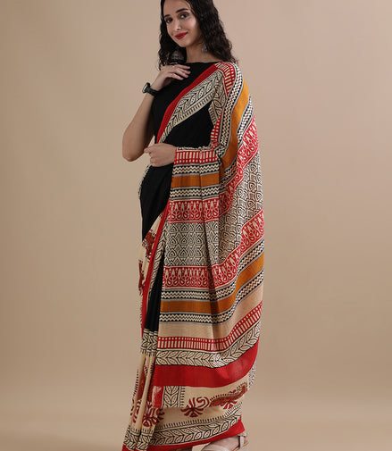 Devina Cream & Red Handblock Mulmul Cotton Saree – Festive Artistry in Every Fold