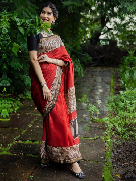 Heritage Red Maheshwari Silk Handloom Saree