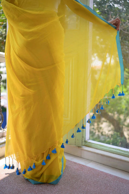 Sunshine Glow Mul Cotton Saree with Blue Tassels