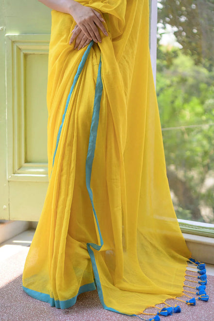 Sunshine Glow Mul Cotton Saree with Blue Tassels