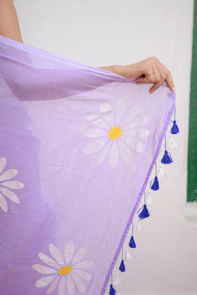 Lavanya Lilac Mulmul Cotton Saree with Floral Prints