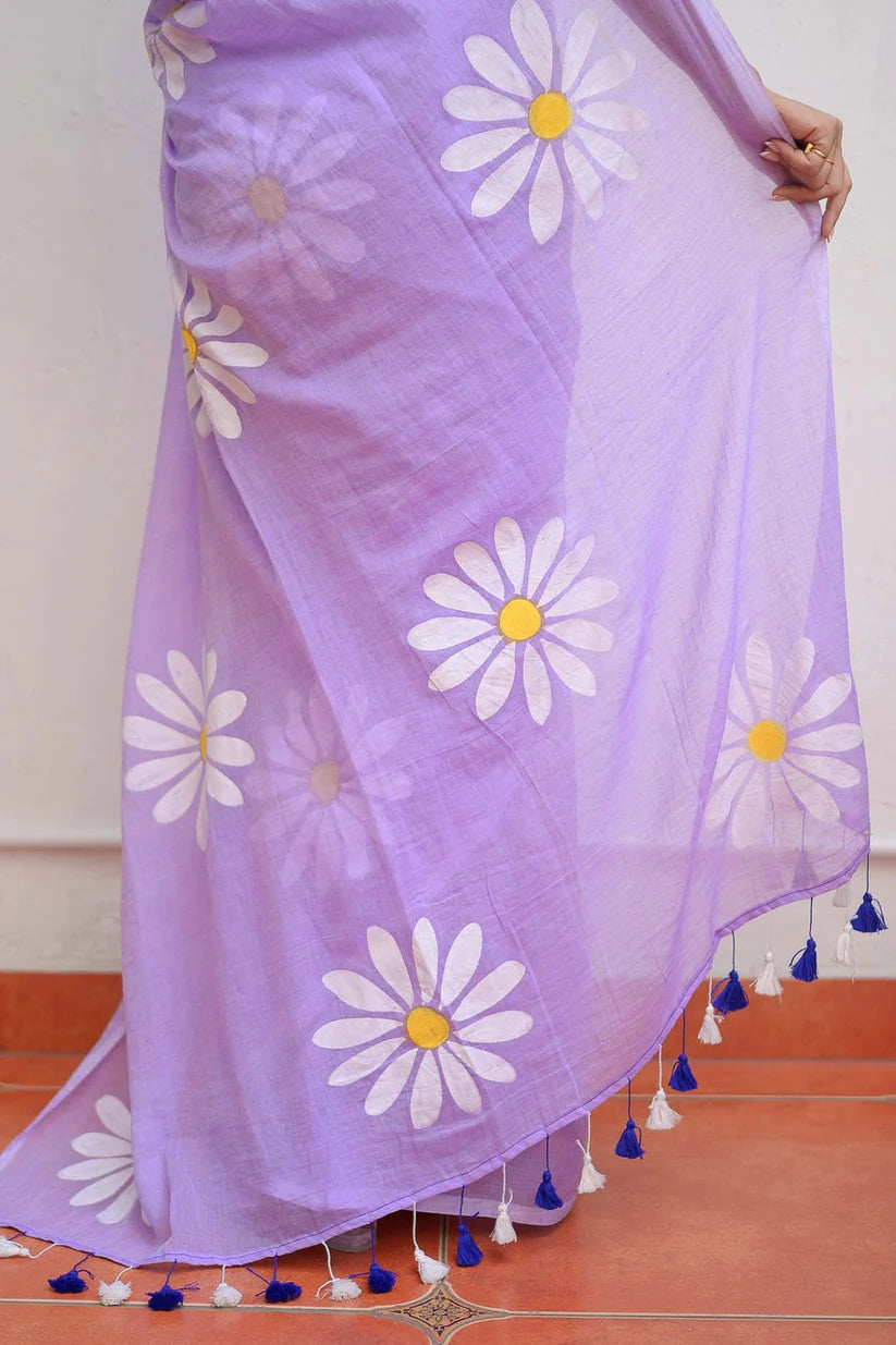 Lavanya Lilac Mulmul Cotton Saree with Floral Prints
