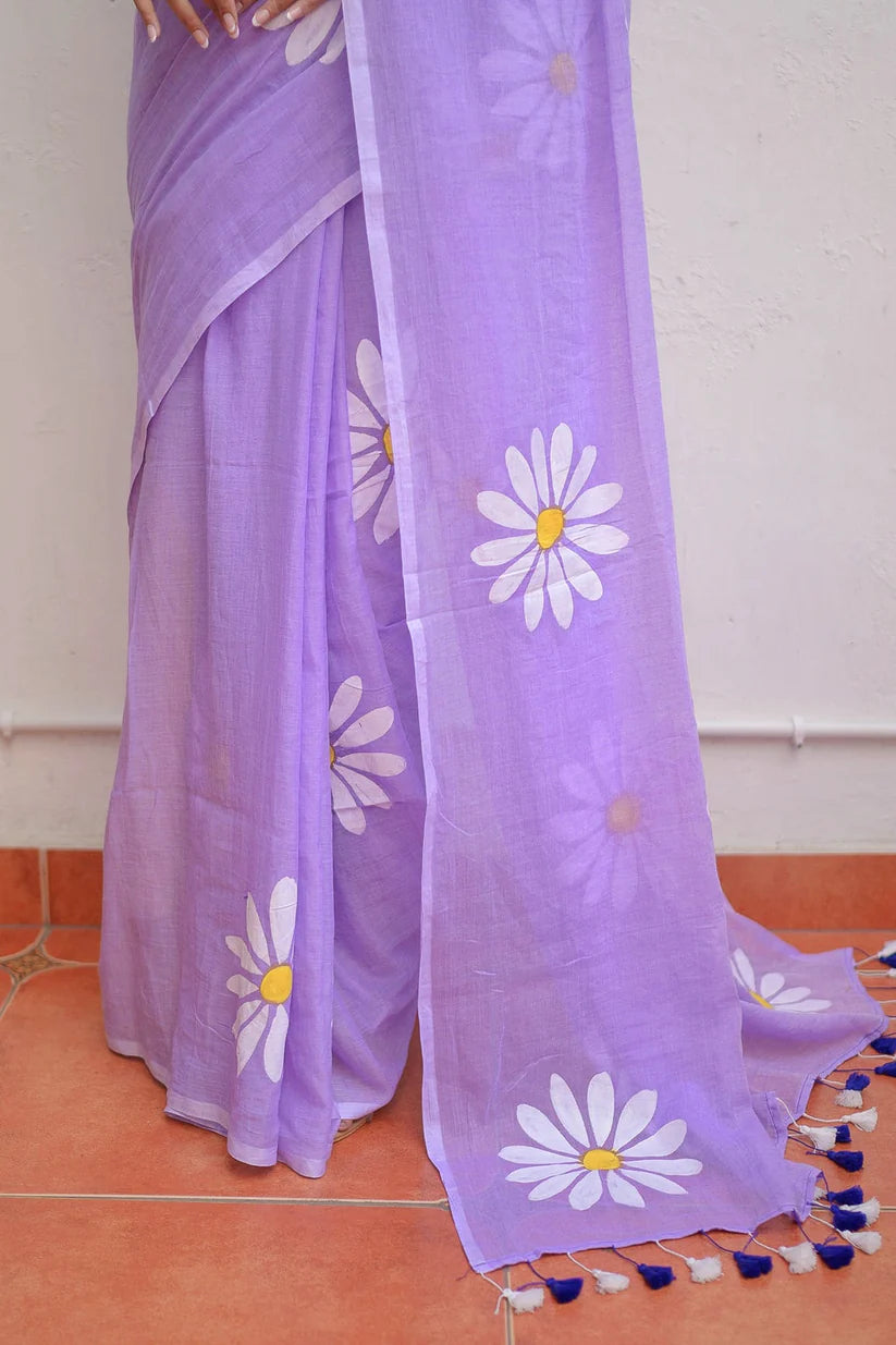 Lavanya Lilac Mulmul Cotton Saree with Floral Prints