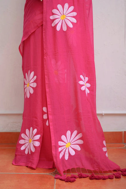 Rohini Hot Pink Mulmul Cotton Saree with Floral Prints