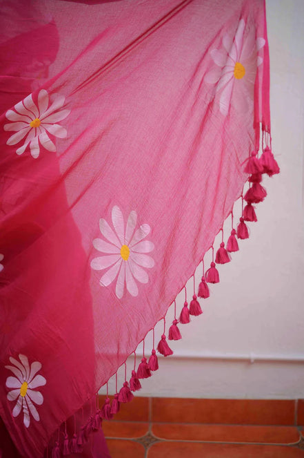Rohini Hot Pink Mulmul Cotton Saree with Floral Prints