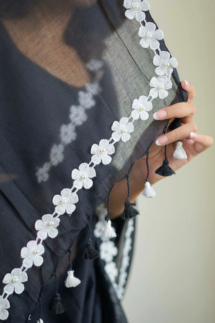 Black Mulmul Cotton Saree with Floral Lace Border