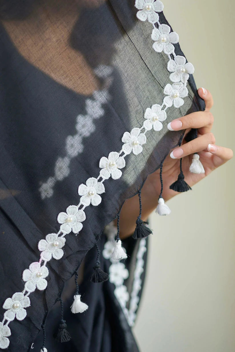 Black Mulmul Cotton Saree with Floral Lace Border