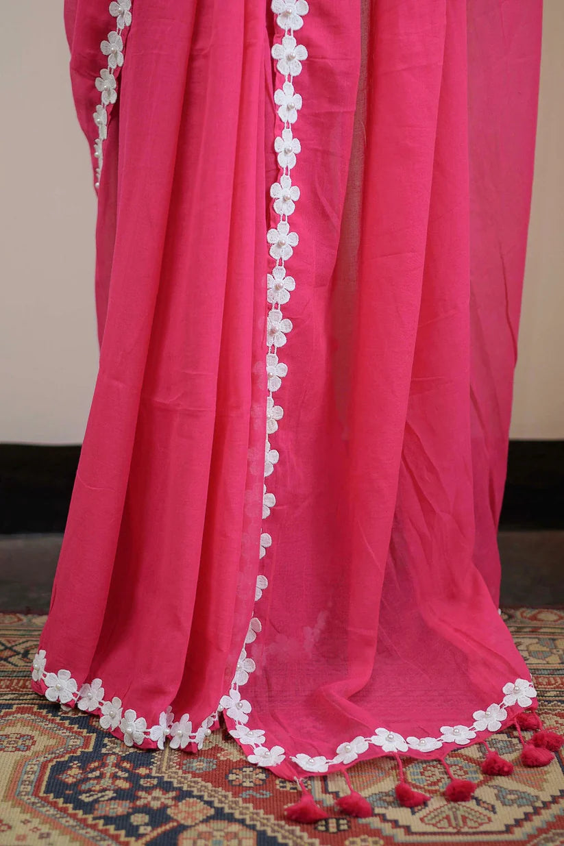 Hot Pink Mulmul Cotton Saree with Daisy Lace & Tassels