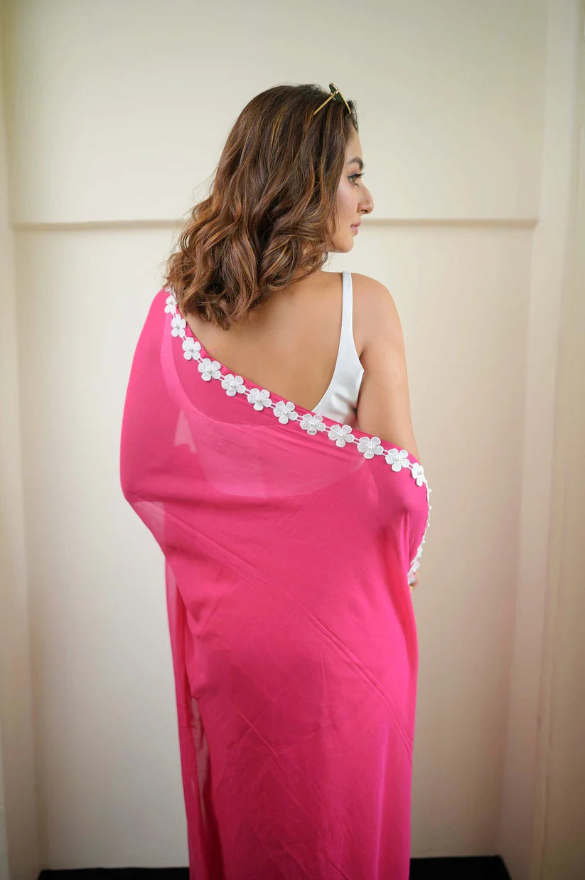 Hot Pink Mulmul Cotton Saree with Daisy Lace & Tassels