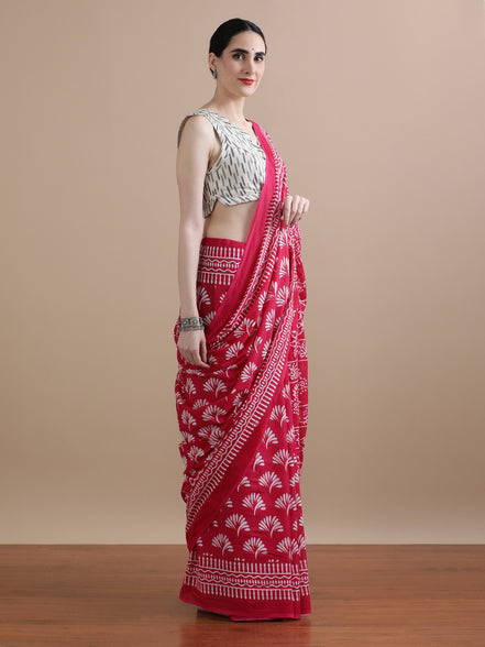 Ranjika Pink Handblock Mulmul Cotton Saree – Floral Grace & Festive Charm