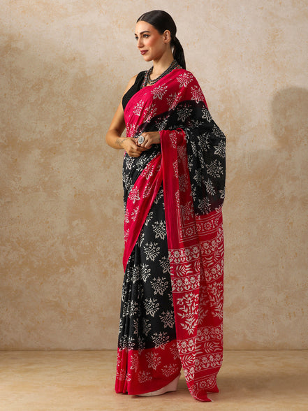 Vamika Black & Red Handblock Mulmul Cotton Saree – Bold Florals & Festive Drama