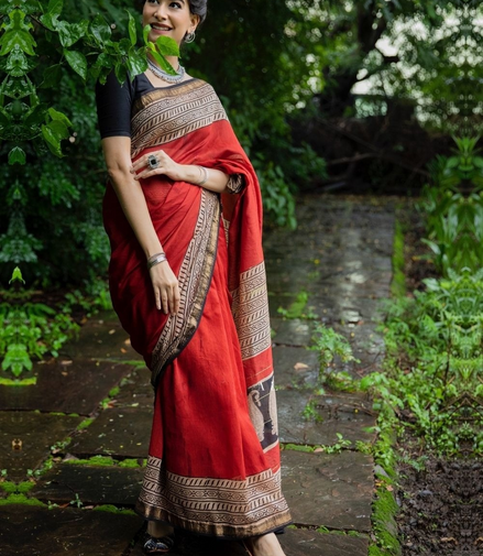Heritage Red Maheshwari Silk Handloom Saree