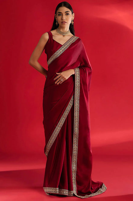 "Roshni" - Maroon Satin Saree with Embellished Zari Border