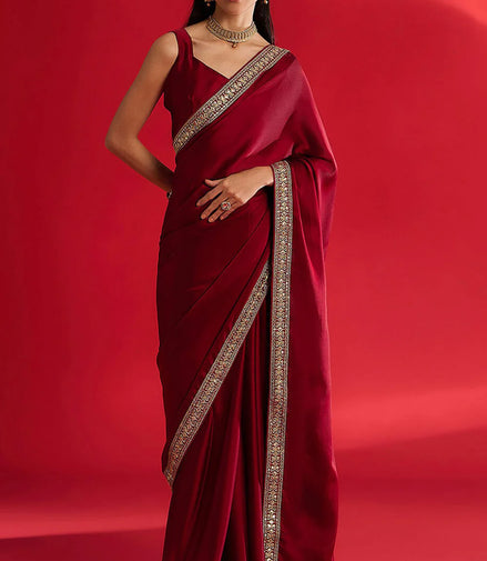 "Roshni" - Maroon Satin Saree with Embellished Zari Border