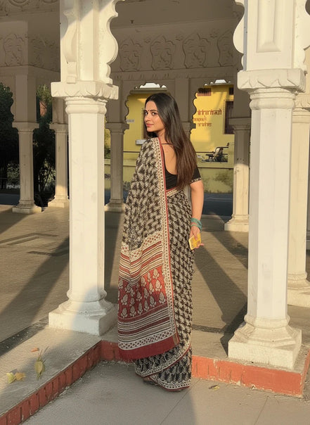 "Maliha" - Artisan Black & Red Handblock Mulmul Saree