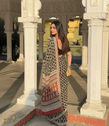 "Maliha" - Artisan Black & Red Handblock Mulmul Saree