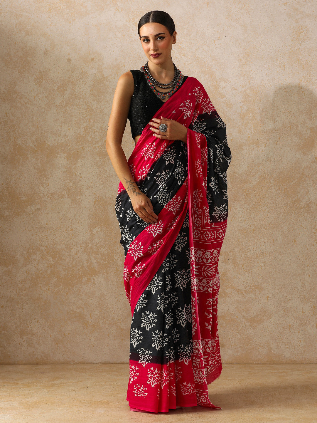 Vamika Black & Red Handblock Mulmul Cotton Saree – Bold Florals & Festive Drama