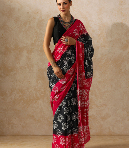 Vamika Black & Red Handblock Mulmul Cotton Saree – Bold Florals & Festive Drama