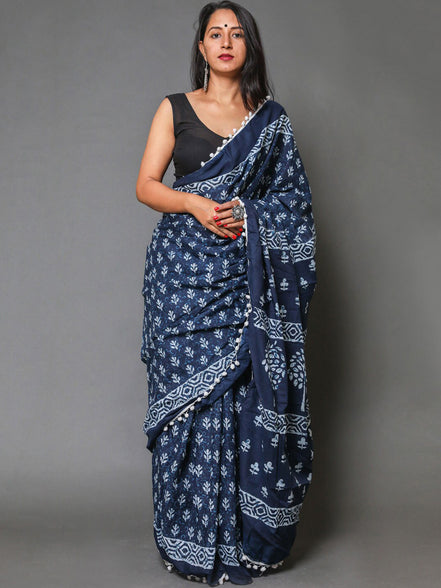 Indigo Blue Cotton Mulmul Handblock Saree
