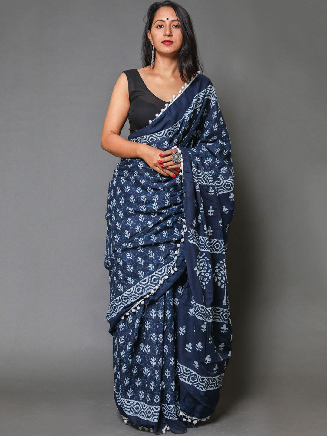 Indigo Blue Cotton Mulmul Handblock Saree