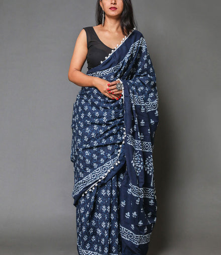 Indigo Blue Cotton Mulmul Handblock Saree