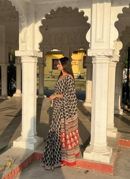 "Maliha" - Artisan Black & Red Handblock Mulmul Saree