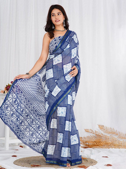 Blue & White Mulmul Cotton Handblock Saree – Lightweight & Elegant