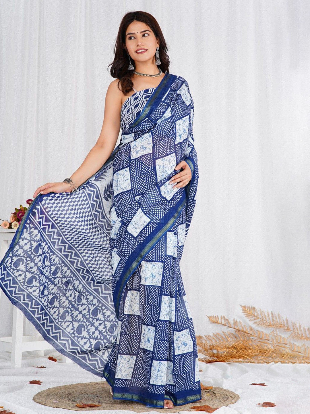 Blue & White Mulmul Cotton Handblock Saree – Lightweight & Elegant