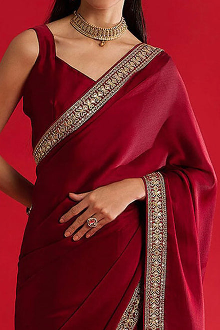 "Roshni" - Maroon Satin Saree with Embellished Zari Border