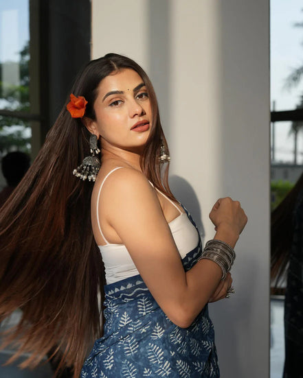 "Vanya" - Jaipuri Indigo Handblock Mulmul Cotton Saree