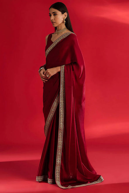 "Roshni" - Maroon Satin Saree with Embellished Zari Border