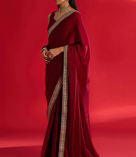 "Roshni" - Maroon Satin Saree with Embellished Zari Border
