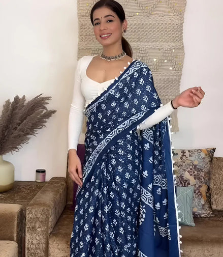 "Neelam" - Indigo Dabu Handblock Mulmul Cotton Saree