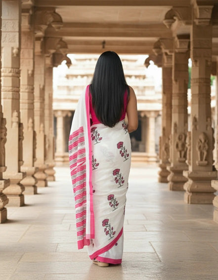 "Kamalini" - Sanganeri Floral Handblock Mulmul Saree