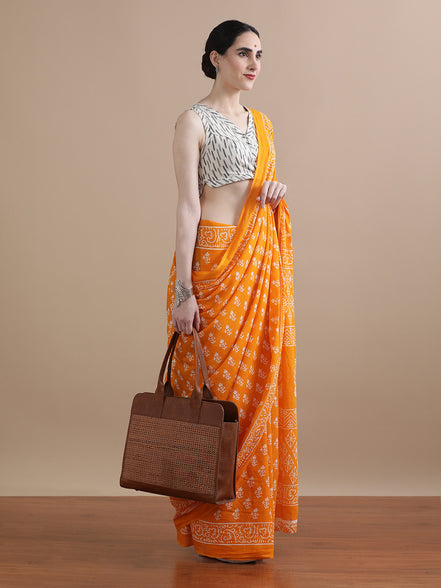 Kanika Orange Handblock Mulmul Cotton Saree – Radiant Florals in Lightweight Elegance