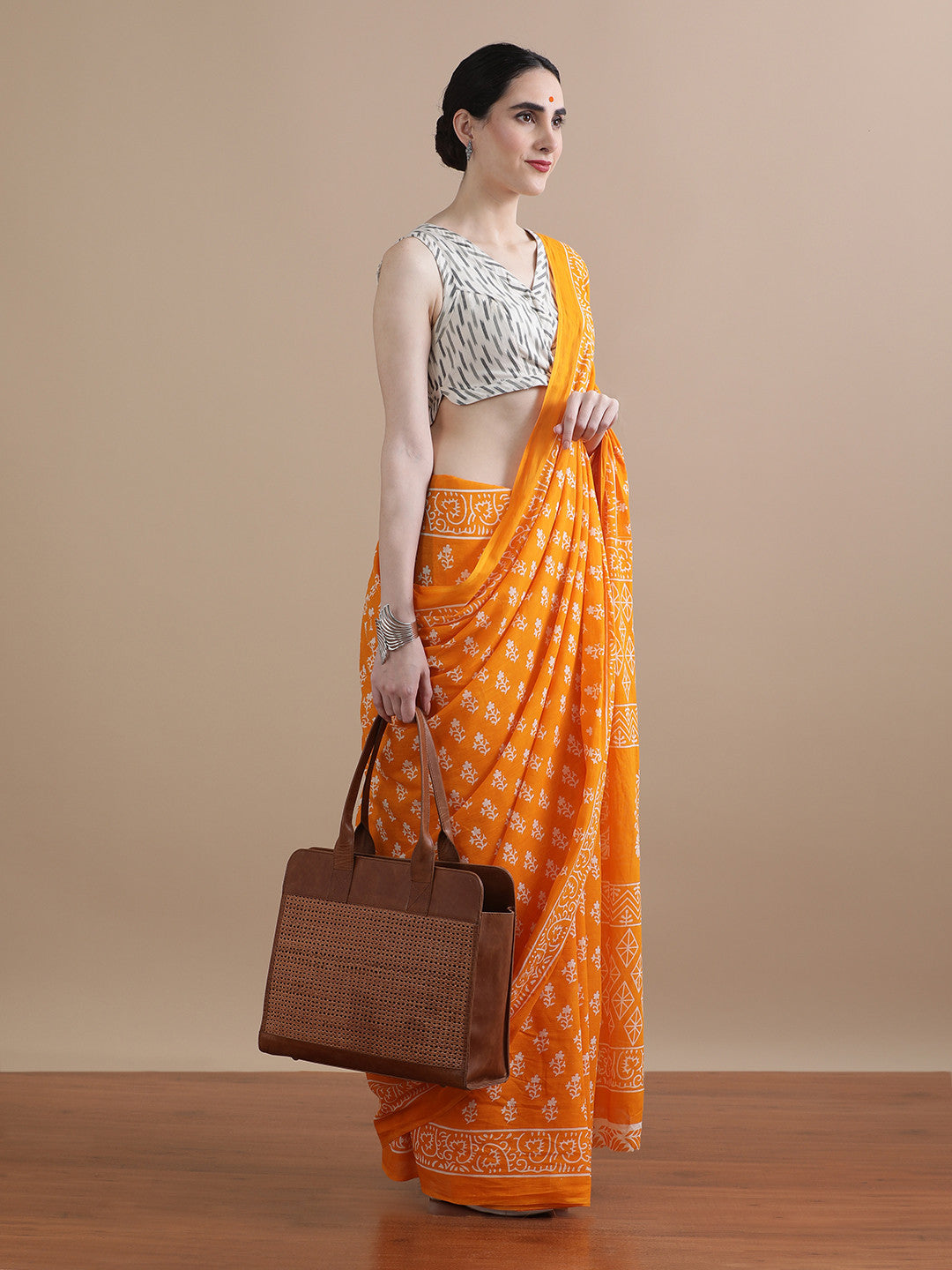 Kanika Orange Handblock Mulmul Cotton Saree – Radiant Florals in Lightweight Elegance