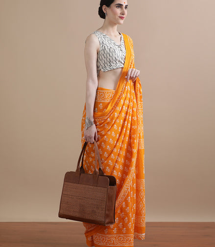 Kanika Orange Handblock Mulmul Cotton Saree – Radiant Florals in Lightweight Elegance