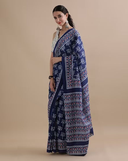 Neelima Indigo Mulmul Cotton Saree – Handblock Print & Lightweight Drapes
