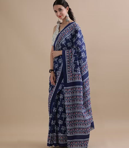 Neelima Indigo Mulmul Cotton Saree – Handblock Print & Lightweight Drapes