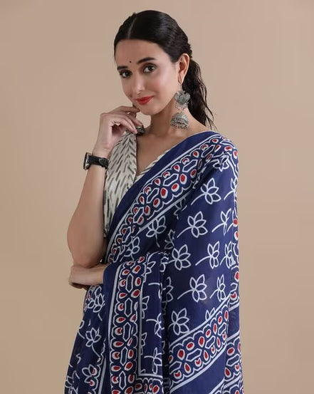 Neelima Indigo Mulmul Cotton Saree – Handblock Print & Lightweight Drapes