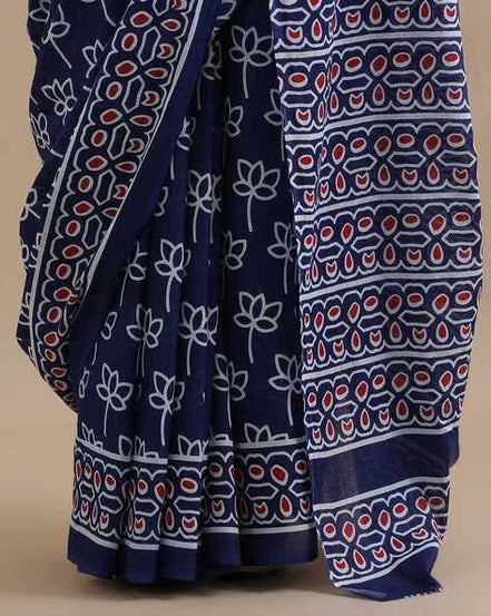 Neelima Indigo Mulmul Cotton Saree – Handblock Print & Lightweight Drapes